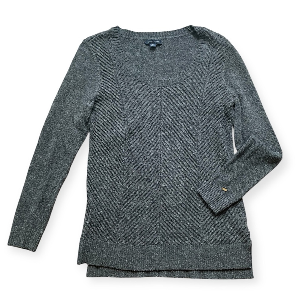 Tommy Hilfiger Gray Chevron Rib Knit Sweater Y2K Cozy Stretch Medium